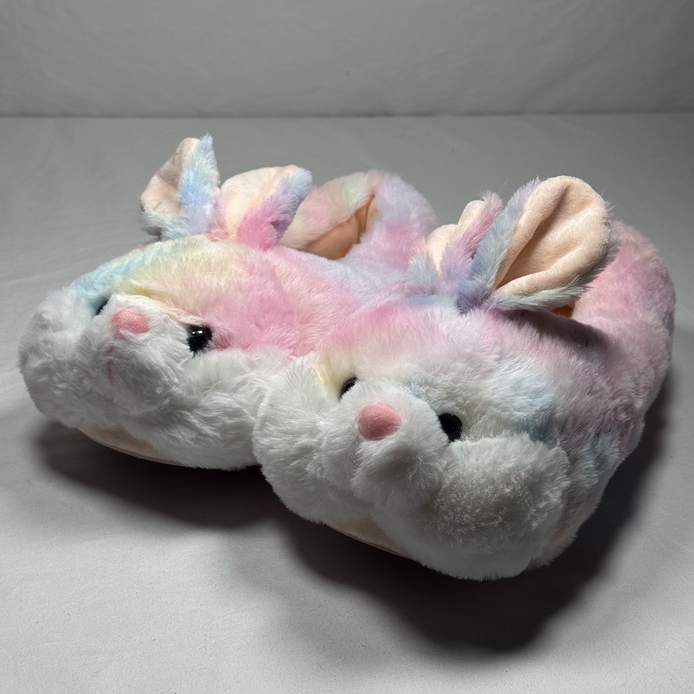 Rainbow Bunny Slippers Womens Size 9-10 Plush Cozy Slip On House Shoes